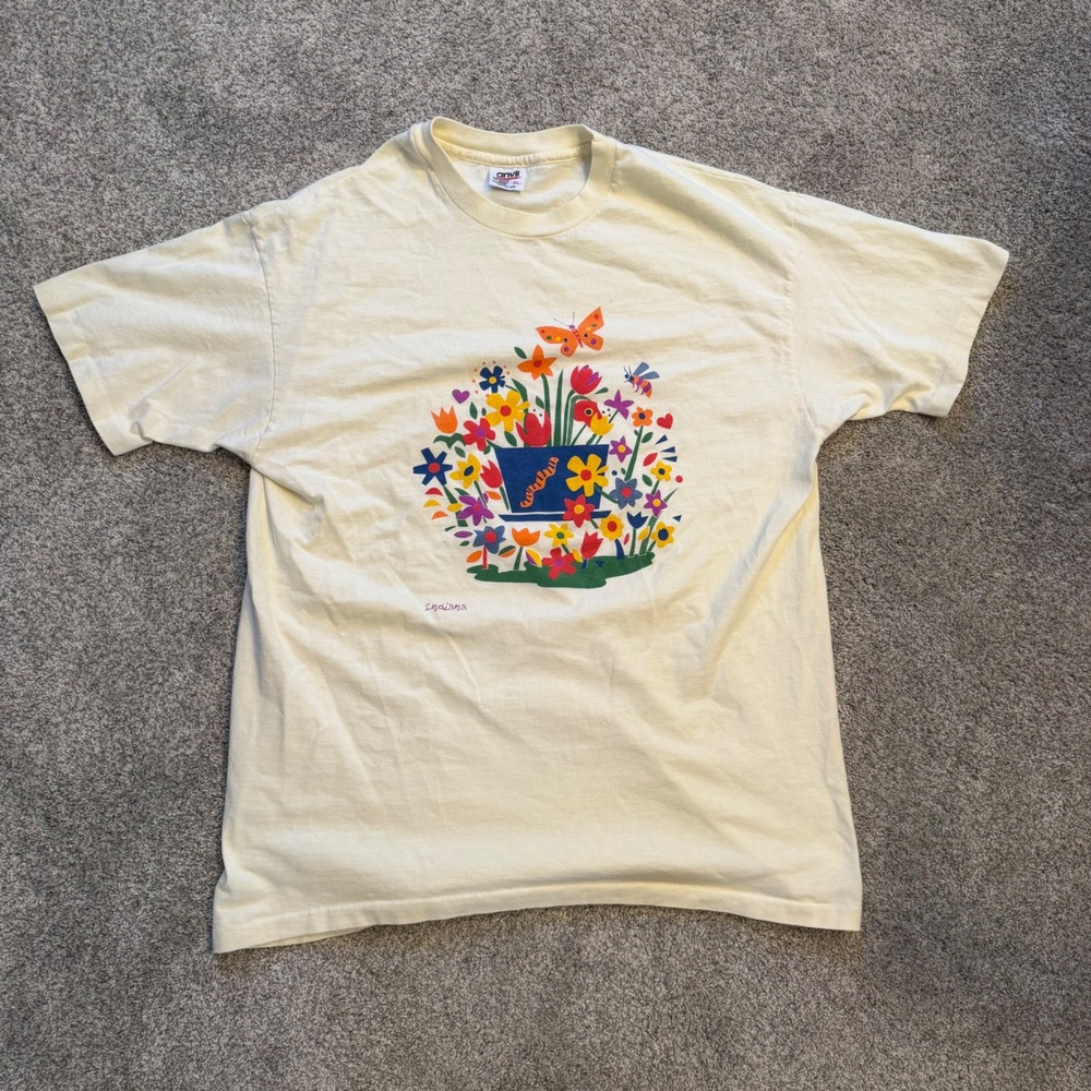 Vintage 90s Anvil Indiana Floral Graphic T-Shirt XL Cream Cotton Made in USA